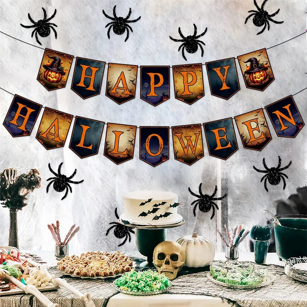 Happy Halloween Banner with Hanging Spider Garland – Trick or Treat Paper Banner Party Decoration