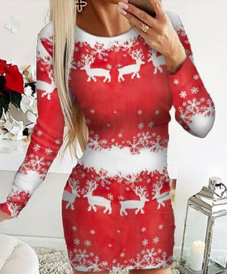 Women’s Christmas Elements Slim Long Sleeve Winter Dress