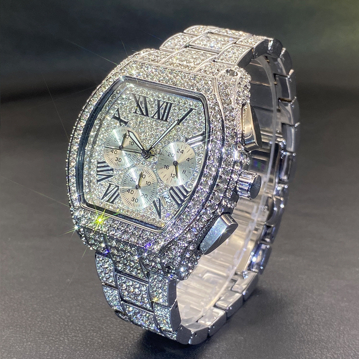 Men's Full Diamond Multi-function Chronograph Luminous Tonneau Quartz Watch