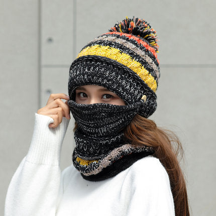 Korean Winter Knitted Wool Hat – Striped Satin Weave, Hemmed Design for Autumn & Winter