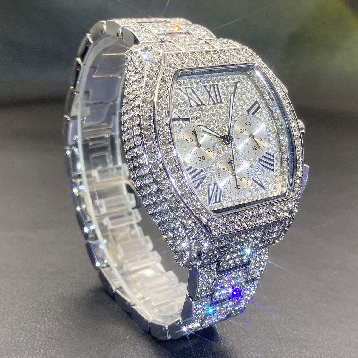 Men's Full Diamond Multi-function Chronograph Luminous Tonneau Quartz Watch