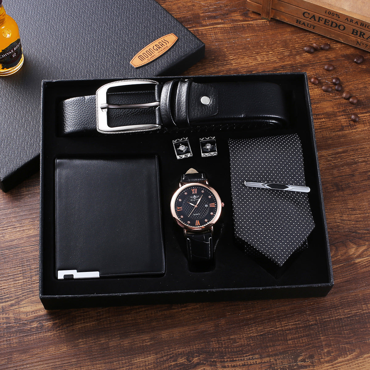 LUXURY MEN'S GIFT SET WITH WATCH, BELT , WALLET ,TIE & CUFFLINKS - PERFECT FOR BIRTHDAY OR FATHER'S DAY