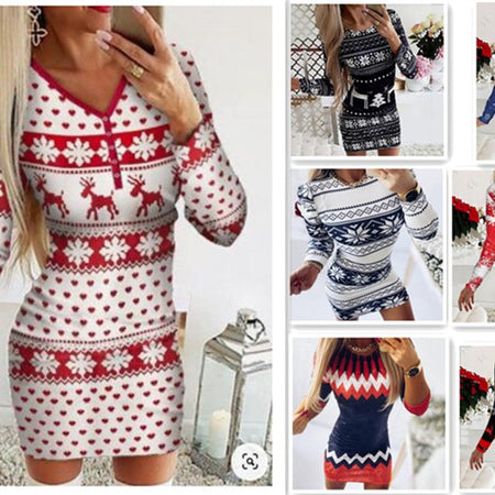Women's Christmas Elements Slim Long Sleeve Winter Dress – JijalMaa