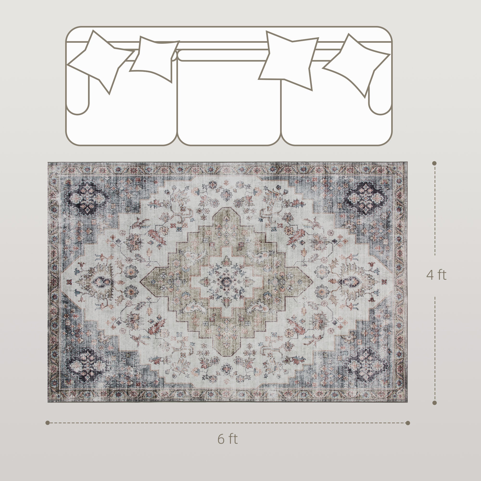Vintage 4x6 Washable Area Rug | Non-Slip Carpet for Home