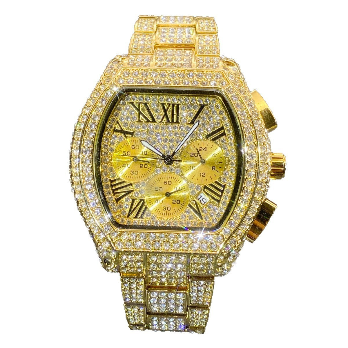 Men's Full Diamond Multi-function Chronograph Luminous Tonneau Quartz Watch