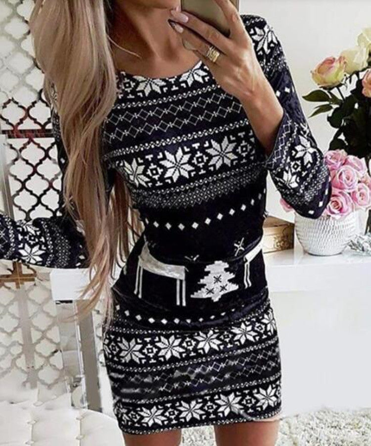 Women’s Christmas Elements Slim Long Sleeve Winter Dress