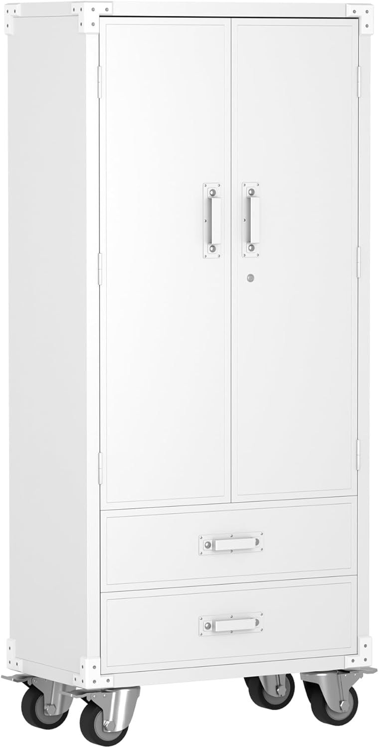 Metal Storage Cabinet with Lock, Drawers & Wheels – White