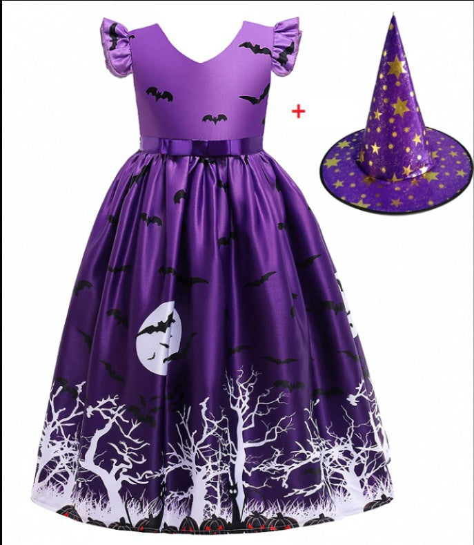 Halloween Princess Dress – Girls’ Costume with Printed Mesh, Spooky Party Outfit for Kids