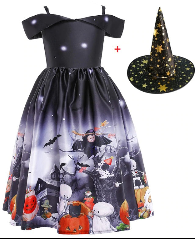 Halloween Princess Dress – Girls’ Costume with Printed Mesh, Spooky Party Outfit for Kids