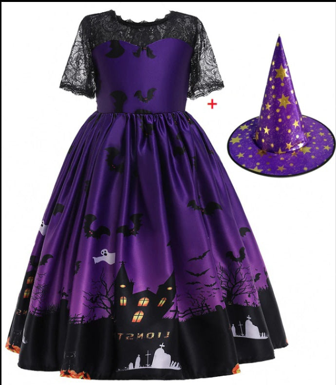 Halloween Princess Dress – Girls’ Costume with Printed Mesh, Spooky Party Outfit for Kids