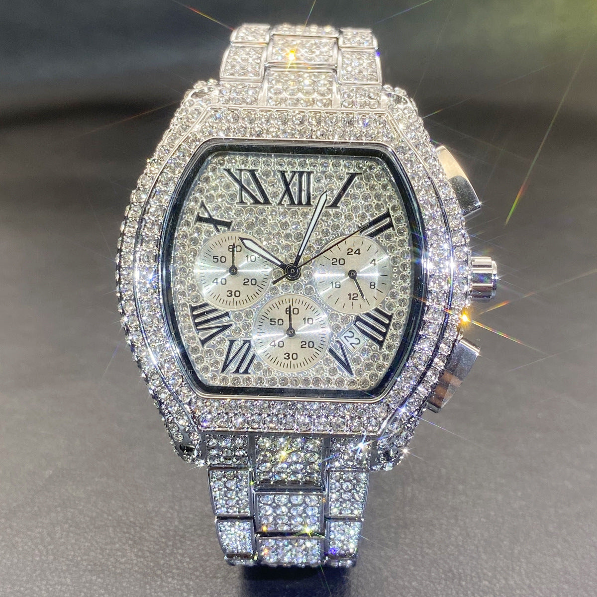 Men's Full Diamond Multi-function Chronograph Luminous Tonneau Quartz Watch
