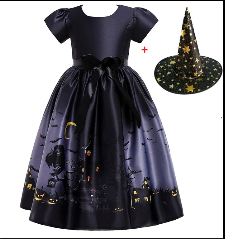 Halloween Princess Dress – Girls’ Costume with Printed Mesh, Spooky Party Outfit for Kids