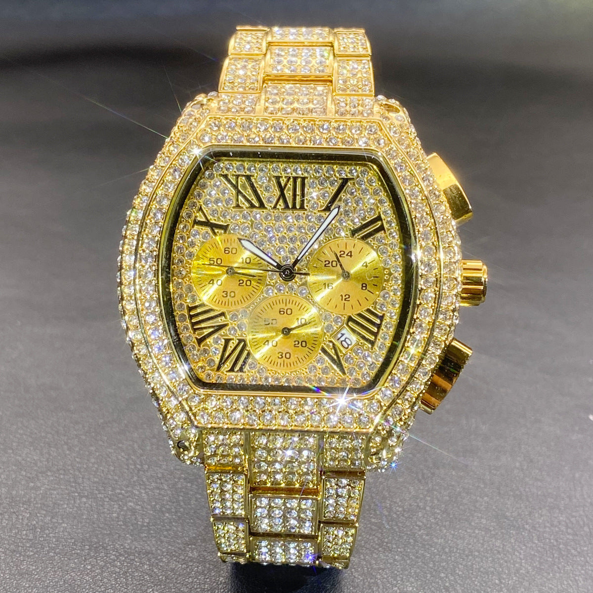 Men's Full Diamond Multi-function Chronograph Luminous Tonneau Quartz Watch
