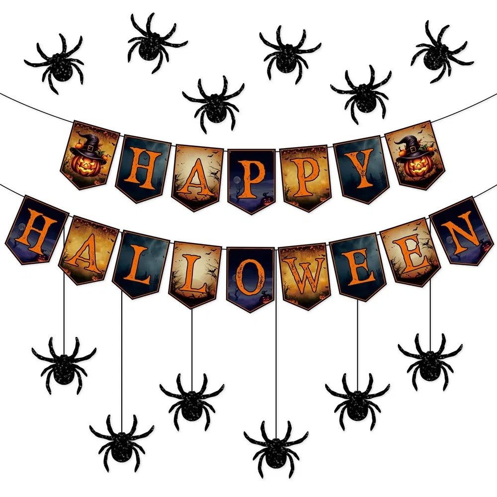 Happy Halloween Banner with Hanging Spider Garland – Trick or Treat Paper Banner Party Decoration