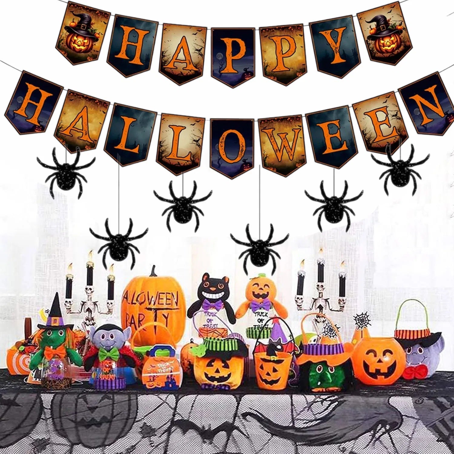 Happy Halloween Banner with Hanging Spider Garland – Trick or Treat Paper Banner Party Decoration