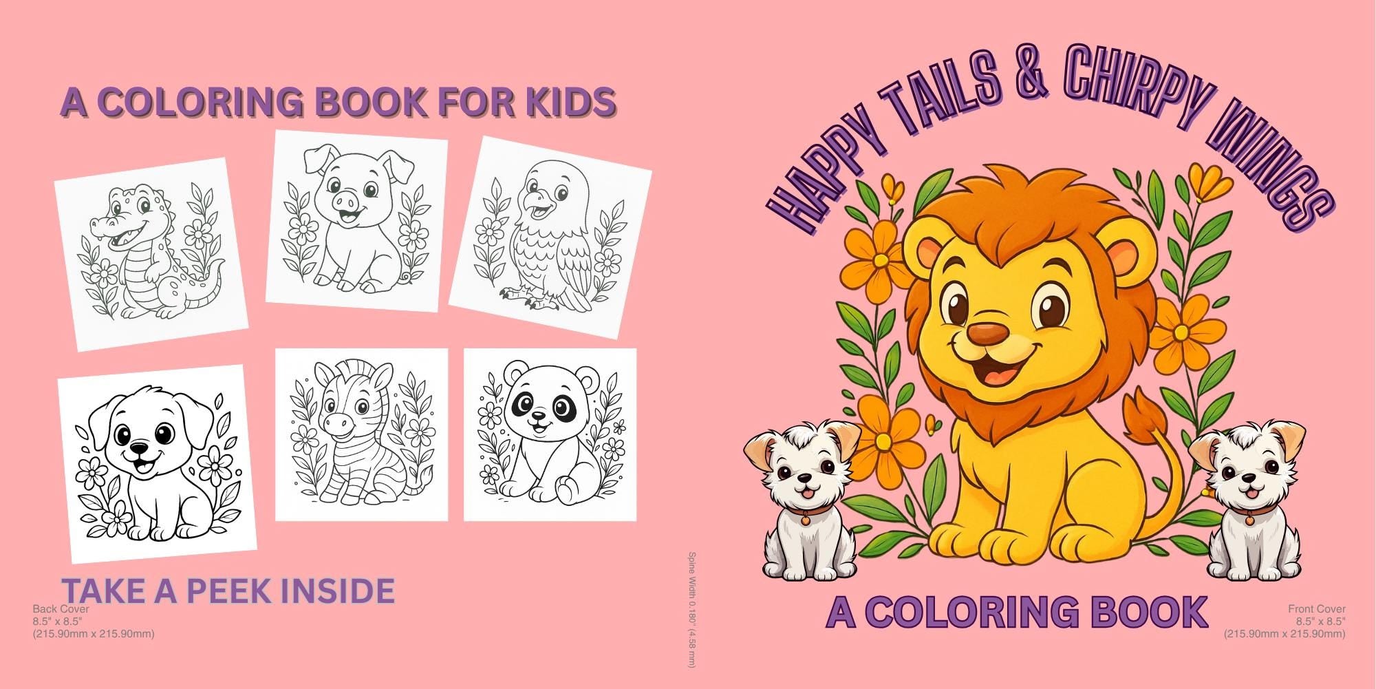 Happy Tails & chirpy Wings - 80 pages printable Animal coloring Book for kids/ Cute smiling Animals and birds /instant download PDF